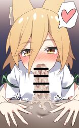 1boy animal_ear_fluff animal_ears bar_censor blonde_hair blush censored commentary_request cum cum_in_mouth dark-skinned_male dark_skin e.o. fellatio female fingernails fox_ears fox_girl gradient_background green_ribbons hair_between_eyes heart highres kudamaki_tsukasa long_hair_between_eyes looking_at_viewer looking_up navel open_mouth oral penis purple_background ribbon romper short_hair short_sleeves simple_background solo_focus speech_bubble spoken_heart straight touhou white_romper yellow_eyes