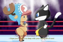 3:2 antlers atlus bulge cel_shading clothed clothing crossover deer detailed_bulge dialogue digital_drawing_(artwork) digital_media_(artwork) domestic_cat duo english_text felid feline felis feral fighting_ring gayoshie_(artist) genital_outline headgear headwear hi_res hooves horn male male/male male_only mammal mask megami_tensei morgana_(persona) new_world_deer one_piece paws pear-shaped_figure penis_outline persona_(series) persona_5 peterheat reindeer sega shaded short_stack tail taunting teasing text thong tony_tony_chopper topless topless_male underwear wide_hips