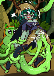 1girls adventure_time anal blush breasts brown_legwear clothed_sex clothing cum cum_in_ass cum_in_pussy cum_inside double_penetration exposed_breasts female fucked_silly green_eyes green_tentacles huntress_wizard interspecies long_hair narcoloco nipples open_clothes open_mouth open_shirt penetration penis_tentacles pussy restrained sex spirit_of_the_forest spread_legs suspension tears tongue tongue_out torn_clothes vaginal_penetration