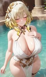 1girls aglaea_(honkai:_star_rail) ai_generated bangs bare_thighs breasts breasts closed_eyes clothed embarrassed embarrassed_nude_female female female female_only floriangess flushed flushed_face hips holding_breast honkai:_star_rail hot_spring large_breasts mature_female mature_woman nipples sexy shiny_skin smile steam water watermark wet wet_body wide_hips yellow_hair