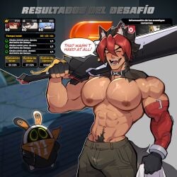 abs animal_ears animal_tail anthro areolae biceps big_pecs blush bulge closed_eyes collar ear_piercing eous_(zenless_zone_zero) fangs game_screenshot gay holding_shirt kemonomimi komano_manato male male_focus male_only male_pubic_hair meme muscular muscular_male muto20002 nipples no_visible_genitalia pecs pubes pubic_hair red_hair scar scars scars_on_chest screenshot shirt_off shirtless smiling spanish_text standing sweat sweating sword tail text topless topless_male wise_(zenless_zone_zero) yaoi zenless_zone_zero