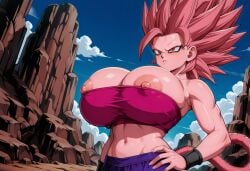 dragon_ball dragon_ball_super weekly_shonen_jump weekly_shounen_jump shounen_jump shonen_jump dragon_ball_af dbaf ai_generated illustrious_(stable_diffusion) what_if fan_transformation super_saiyan_6_primal huge_breasts big_breasts breasts_bigger_than_head spiked_hair spiky_hair no_eyebrows saiyan saiyan_female saiyan_tail hand_on_hip purple_pants pink_tube_top tubetop tube_top tail monkey_tail red_eyes nipples nipples_visible_through_clothing nipple_slip areolae large_ass large_areolae wristband black_wristband red_eyes_female pink_hair pink_hair_female pink_skin pink_skinned_female midriff no_bra no_bra_under_clothes self_upload tagme caulifla 1girls solo solo_focus solo_female female female_only female_focus anime anime_girl fanmade