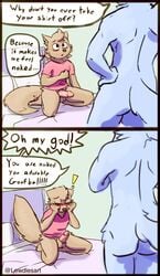 ! anthro bed big_dom_small_sub blue_body blue_fur blush bottomless canid canine canis closed_eyes clothed clothing colored comic covering covering_face dialogue dominant duo embarrassed english_text erection fluffy fluffy_tail fox fur furniture genitals girly hi_res humanoid_genitalia humanoid_penis humor imminent_sex kneeling lewdles male male/male mammal muscular neck_tuft nude orange_body orange_fur penis pillow reluctant shaded shirt shy simple_shading size_difference sketch speech_bubble standing t-shirt text topwear tuft wolf