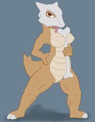 anthro areola bone breasts brown_eyes brown_skin claws dinosaur erect_nipples female hi_res licking looking_at_viewer mammal marowak masturbation nintendo nipples nude open_mouth pokemon posexe pussy reptile scalie simple_background skull solo toe_claws tongue tongue_out video_games