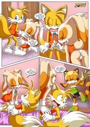 2girls blush blushing clothed_handjob cream_the_rabbit crossdressing cub embarrassed female fur furry furry_only furry_tail handjob marine_the_raccoon mobius_unleashed multiple_girls multiple_tails sega sonic_(series) tagme tail tails