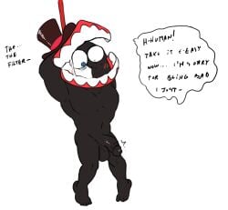 alternate_version_available blushed caine_(the_amazing_digital_circus) colored concerned human magpiered magpieredd penis solo staring_at_penis text text_bubble the_amazing_digital_circus tied_up
