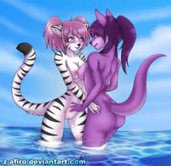 2015 2girls anthro ass beach bikini breasts clothing deviantart duo feline female female_only fur furry hi_res mammal nude pose purple_fur sea seaside sun swimsuit text tiger url water ych z-afiro