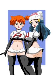 2girls ass blue_eyes blue_hair blush boots breasts butt_crack cleavage clothes dawn_(pokemon) enemy_conversion female female_only green_eyes hair hat headgear high_heel_boots human human_only kasumi_(pokemon) koutarosu large_breasts long_hair looking_at_viewer looking_back multiple_females multiple_girls navel open_mouth orange_hair pokemon short_hair simple_background smile standing team_rocket thigh_boots underboob