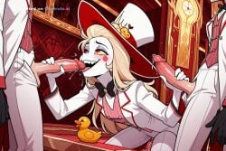1boy 1girl1boy ai_assisted ai_generated black_bowtie blonde_hair blowjob claiming deep_penetration dominance exhibitionism fellatio giggling group_sex handjob hazbin_hotel holding lucifer_morningstar_(hazbin_hotel) lustful_expression messy moaning multiple_penises oral_sex penis_in_vagina pleasure precum red_eyes riding rubber_duck saliva sex smile solo swallowing top_hat whimpering white_coat white_pants white_skin yellow_sclera
