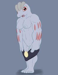 anthro areola breasts female female_machoke grey_skin hi_res humanoid looking_at_viewer machoke muscular navel nintendo nipples nude open_mouth pokemon pokemon_(species) posexe pussy red_eyes reptile scalie simple_background solo standing teeth tongue underwear undressing