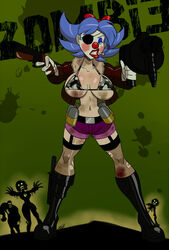 1girls aeolus06 alternate_costume belt bikini_bra bikini_top bimbo blue_hair boots breasts camouflage cigarette clenched_teeth clothed clown dirty english_text eye_patch eyelashes eyeshadow facepaint female female_only garter_straps giggles_the_slutty_clown gloves gun hairbow hourglass_figure human knife large_breasts lipstick looking_at_viewer makeup original_character red_lipstick short_shorts shorts signature smoking standing teal_eyes text torn_pantyhose weapon zombie