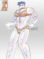 1boy 2d artist_name blue_hair body_hair bra color confused crossdressing crossdressing_male facial_hair forsaken_(roblox) guest_1337_(forsaken) guest_1337_(the_last_guest) hairy_male male male_only manly_crossdresser masculine_crossdresser muscular muscular_male panties reference_image roblox roblox_game robloxian self_upload shocked_expression solo tagme voihell white_body