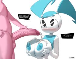 absurd_res areola balls big_breasts biped blush bodily_fluids breasts cum dialogue duo english_text female fingers genital_fluids genitals hi_res huge_breasts izhardraws jenny_wakeman machine male male/female my_life_as_a_teenage_robot nickelodeon nipples partial_male penis pink_body pupils robot simple_background speech_bubble text thick_thighs three-quarter_view white_body