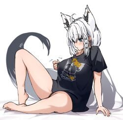 blush breasts expressionless feet fondling_breast hololive huge_breasts nipple_bulge nipple_fondling on_bed shirakami_fubuki thighs toes virtual_youtuber