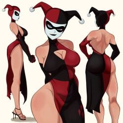 1girls 2d accurate_art_style ankles ass bare_back bare_legs bare_shoulders batman:_the_animated_series batman_(series) big_ass big_breasts black_lipstick blue_eyes boob_window busty busty_female color curvy dc dc_comics dcau dress dressed feet full_color gloves hands_on_hips harley_quinn harley_quinn_(classic) high_heels large_ass large_breasts long_gloves looking_at_viewer mask masked masked_female multiple_angles no_panties open_toe_heels open_toe_shoes revealing_dress side_view sideboob smirk split_dress stomach supervillainess the_new_batman_adventures thighs villain villainess xeroshadows