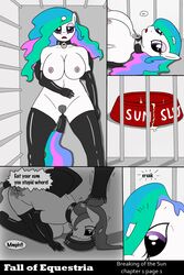 2016 alicorn anthro anthrofied bowl broken_horn cage clothing collar cum cutie_mark dialogue elbow_gloves english_text equine fall_of_equestria female friendship_is_magic gloves horn latex latex_gloves legwear lying mammal my_little_pony nude ponkpank princess_celestia_(mlp) pussy rubber slave solo stockings tail_wrap text wings wraps