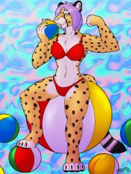 absurd_res anthro ball beach_ball bikini cheetah clothing felid feline female flexing hi_res inflatable jazzmyne mammal pinup pool_toy pose solo squish swimwear thatblackfox_(artist)