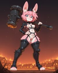 4_fingers absurd_res ai_generated anthro armor blue_eyes bondage_gear breasts building clothed clothing crotchless_clothing crown digitigrade female fingers fire fur genitals greaves grin hair hammer hi_res holding_object holding_weapon house lagomorph leporid looking_at_viewer looking_down looking_down_at_viewer low-angle_view mammal nipples pink_body pink_fur pink_hair pink_nose pussy rabbit rabbit_ears short_stack short_tail skimpy small_breasts smile solo spikes standing stirrup_legwear tools village weapon wide_hips