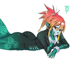 1girls ass black_dress blue_skin blush bracelets chin_rest cleavage dress female female_only lying maniacpaint midna neon_trim nintendo ponytail red_eyes smirk solo the_legend_of_zelda tied_hair twili_midna twilight_princess