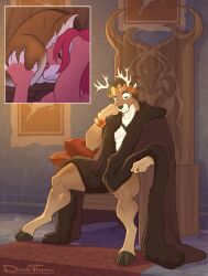 5_fingers anal anthro antlers anus ass butt_grab chair closed_eyes clothing crown darkthorns deer digit_ring digital_media_(artwork) duo finger_ring fingers fur furniture genitals hair hand_on_butt headgear headwear hi_res hooves horn jewelry lagomorph leporid looking_at_viewer male male/male male_rimmed male_rimming male_rimming_male mammal open_mouth oral rabbit rimming rimming_male ring robe robe_only sex sitting smile spread_legs spreading stealth_sex tail throne tongue tongue_out