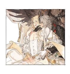 2boys antonio_salieri_(fate) bite_mark blonde_hair blush corset fate/grand_order fate_(series) gloves green_eyes grey_hair hickey jacket lingerie long_hair long_sleeves male_focus mask medium_hair multiple_boys nipples open_mouth partially_undressed penis red_eyes shirt starshadowmagician tongue tongue_out underwear wings wolfgang_amadeus_mozart_(fate) yaoi