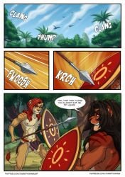 anthro athletic athletic_anthro athletic_male balls bottomwear clothed clothing comic darkthorns dialogue digital_media_(artwork) duo english_text felid feline fight fingers flaccid foreskin forest fur genitals hair hi_res holding_melee_weapon holding_object holding_polearm holding_shield holding_spear holding_weapon humanoid_genitalia humanoid_penis lion loincloth loincloth_only male male/male mammal melee_weapon muscular muscular_anthro muscular_male nipples outside pantherine partially_retracted_foreskin pecs penis plant polearm shield smile spear speech_bubble standing tail text topless topless_anthro topless_male tree url weapon