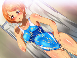 azu_(azzz) character_request cum female female game_cg jikan_teishi_de_pool_sennyuu one-piece_swimsuit shiny_skin swimsuit