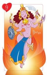 axe barefoot bow_and_arrow breasts breasts_out curly_hair durga_(hindu_goddess) half-dressed hindu_mythology hinduism indian indian_female multiple_arms sword virtualbarata weapons