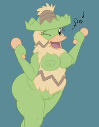 anthro areola avian big_breasts bird breasts clothing dancing duck female fur green_skin grey_eyes hat headgear looking_at_viewer ludicolo mammal monotreme nintendo nipples nude one_eye_closed open_mouth overweight platypus pokémon_(species) pokemon poncho posexe pussy simple_background slightly_chubby smile solo sombrero sound_effects standing tongue video_games wink yellow_fur