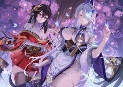 2girls azur_lane bare_shoulders black_hair black_thighhighs blue_butterfly blush breasts bug butterfly cg cherry_blossoms cleavage collarbone cowboy_shot crossed_bangs dress grey_hair hair_between_eyes hair_ornament hair_over_one_eye hand_up japanese_clothes kimono large_breasts long_hair long_sleeves looking_at_viewer mask mask_on_head multiple_girls obi off_shoulder one_eye_covered parted_lips purple_eyes red_eyes red_kimono sash short_kimono skirt smile taihou_(azur_lane) thigh_strap thighhighs thighs tree twintails unzen_(azur_lane) very_long_hair white_hair wide_sleeves