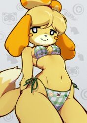 2025 abstract_background accessory animal_crossing anthro bikini black_nose blonde_hair breasts canid canine canis checkered checkered_bikini checkered_clothing checkered_swimwear cleavage clothed clothing coffeechicken dipstick_tail domestic_dog eyelashes female floppy_ears fur hair hair_accessory hair_bun hairband hands_behind_back hi_res isabelle_(animal_crossing) looking_at_viewer mammal markings medium_breasts navel nintendo pattern_bikini pattern_clothing pattern_swimwear shih_tzu short_hair side-tie_bikini smile solo standing string_bikini swimwear tail tail_markings tom_nook tom_nook_(animal_crossing) toy_dog two-piece_swimsuit yellow_body yellow_fur