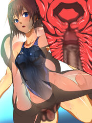 1boy azu_(azzz) barefoot breasts censored character_request female game_cg hug jikan_teishi_de_pool_sennyuu nipples one-piece_swimsuit penetration penis sex shiny_skin straight swimsuit vaginal_penetration x-ray