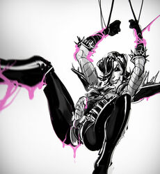 2016 ass bondage bound clothed clothing cum erection girly hair humanoid legwear machine male male_only mettaton mettaton_neo monster penis robot simple_background smile solo undertale video_games