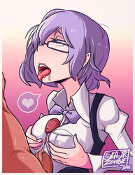 1boy bedroom_eyes breasts clothed clothed_sex digimon digimon_world digimon_world_re:digitize drool erection female glasses grope human male mirei_mikagura paizuri penis purple_eyes purple_hair short_hair skajrzombie small_breasts solo_focus straight tongue_out