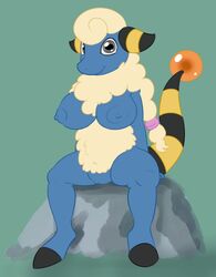 anthro areola big_breasts blue_eyes breasts caprine erect_nipples female fur grey_eyes hi_res looking_at_viewer mammal mareep nintendo nipples nude pokemon posexe presenting pussy sheep simple_background sitting smile solo spread_legs spreading video_games white_fur wool