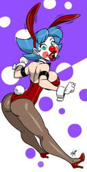 1girls abstract_background aeolus06 armband armlet ass bimbo bow_tie breasts bunny_ears bunny_girl bunny_tail bunnysuit busty clown clown_makeup clown_nose dat_ass eyelashes facepaint female female_only giggles_the_slutty_clown gloves high_heels human kneepits large_breasts lipstick open_mouth original_character pantyhose red_lipstick sideboob signature skindentation smile teal_eyes thick_lips voluptuous wrist_cuffs