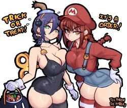 2girls alternate_breast_size_(larger) alternate_costume asymmetrical_docking black_choker black_leotard black_thighhighs blue_hair blue_overalls bob-omb bob-omb_(cosplay) bomb_hair_ornament braid braided_ponytail breast_press breasts candy chainsaw_man choker cleavage closed_mouth commentary cosplay curvy double-parted_bangs dungarees earrings el_rincon_de_amber english_commentary female female_only flying_sweatdrops food gloves green_eyes grenade_pin hair_between_eyes hair_ornament halloween_bucket hat highres jewelry large_breasts leaning_forward leotard long_hair looking_at_viewer makima_(chainsaw_man) mario mario_(cosplay) mario_(series) multiple_girls nintendo orange_eyes overalls red_hair red_hat red_shirt red_thighhighs reze_(chainsaw_man) ringed_eyes shirt short_hair simple_background small_sweatdrop smile star_(symbol) star_earrings striped_clothes striped_thighhighs thick_thighs thighhighs thighs trick_or_treat white_background white_gloves