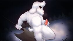 1boy 2016 animal_genitalia animal_penis anthro ass balls biceps blush canine dogamy erection fur hair hi_res looking_at_viewer looking_back mabit male male_only mammal melee_weapon monster muscular nude outside penis presenting royal_guard_(undertale) sky small_penis solo spreading undertale video_games weapon white_fur