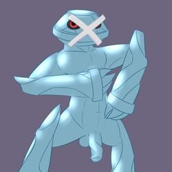 1boy anthro balls claws erection half-erect hi_res humanoid_penis looking_at_viewer male male_only metagross metal metal_skin nintendo nude partially_retracted_foreskin penis pokemon posexe presenting red_eyes simple_background solo standing uncut video_games