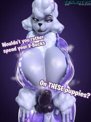 3d_(artwork) absurd_res animal_genitalia animal_penis anthro balls big_balls big_breasts big_penis blue_eyes breasts canid canine canine_genitalia canine_penis canis cleavage clothed clothing dialogue digit_ring digital_media_(artwork) domestic_dog english_text erection finger_ring fortnite fur futanari genitals hi_res huge_breasts jewelry lady_poodlina mammal penis poodle purple_background simple_background smile solo teknotyk text thick_thighs twilightv0ids_(modeler) white_body white_fur wide_hips