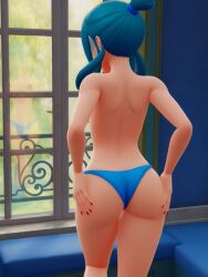 1girls ai_generated ass back blue_hair blue_panties hands_on_ass mable_(pokemon) mable_(pokemon_legends:_z-a) momiji_(pokemon) momiji_(pokemon_legends:_z-a) nail_polish panties panties_only pokemon pokemon_legends:_z-a red_nails reflection yallahs80