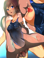 1boy azu_(azzz) barefoot breast_grab breast_sucking breasts censored character_request female game_cg hug jikan_teishi_de_pool_sennyuu nipples one-piece_swimsuit penis saliva shiny_skin straight swimsuit