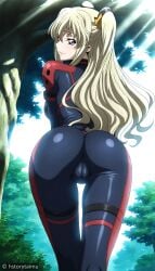 ai_generated ass blonde_hair cameltoe code_geass from_behind hstorytaimu leila_malcal long_hair outdoors plugsuit presenting purple_eyes tree twintails