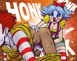 2016 all_fours aqua_eyes blue_hair breasts cleavage clown dizzy_demon duo eyelashes eyeshadow facepaint female femdom giggles_the_slutty_clown gloves hairbow handjob human large_breasts lipstick male mcdonald's motion_lines original_character pants_down penis_milking red_hair red_lipstick ronald_mcdonald short_shorts shorts signature smile sound_effects straight striped striped_legwear suspenders sweat thick_lips thighhighs tongue tongue_out trembling unseen_male_face what