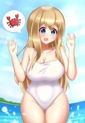 00s absurdres bare_shoulders blonde_hair blue_eyes blush breasts cleavage cloud covered_navel crab female female_focus gabailu gluteal_fold highres k-on! kotobuki_tsumugi large_breasts long_hair ocean one-piece_swimsuit open_mouth outdoors signature sky solo sparkle splashing standing swimsuit thick_eyebrows tsumugi_kotobuki_(k-on!) water