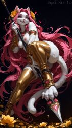 <3_eyes absurd_res accessory ai_generated anthro breasts claws domestic_cat felid feline felis female flower flower_in_hair fluffy fluffy_tail fur furry hair hair_accessory heart hi_res holding_object holding_weapon long_hair mammal melee_weapon nipples paws pink_hair pink_nipples plant polearm sharp_teeth solo spear teeth weapon white_body white_fur