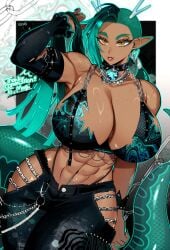 abs absurdres aqua_hair aqua_outline aqua_tail asymmetrical_bangs asymmetrical_hair bachikin_(kingyo155) bare_shoulders black_bra black_pants black_sleeves blue_gemstone body_freckles bra breast_freckles breasts chains cleavage clothing_cutout collar commentary_request commission commissioner_name cowboy_shot crop_top dark-skinned_female dark_skin detached_sleeves dragon_girl dragon_horns dragon_tail earrings female frayed_clothes freckles gem gothic_punk hand_up heart heart_earrings heart_pendant highres hip_vent holding holding_own_hair horns huge_breasts jewelry kgso long_hair mallie_(lone_magi) multi-source_commentary navel navel_hair necklace o-ring orange_eyes original outline pants parted_lips pendant_choker pointy_ears ponytail ring_light_reflection sidecut single_detached_sleeve single_sleeve_cuff skeb_commission smile solo spiked_collar spikes stomach tail thank_you toned toned_female undercut underwear