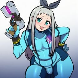 1boy :3 :p ai_generated aqua_eyes belly black_bow black_hairband blue_bodysuit blush bodysuit bow bulge cosplay covered_navel crossdressing gradient_background green_eyes grey_hair gun hairband hairbow hand_on_own_hip handgun holding holding_gun holding_weapon kanzaki_hideri long_hair looking_at_viewer male_focus otoko_no_ko paralyzer plump simple_background smile solo thick_thighs thighs tongue tongue_out weapon wide_hips zero_suit