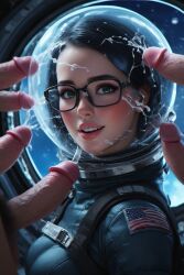 ai_generated american_flag astronaut black_hair cum cum_on_visor cumshot cumslut dominated dominated_female emo emo_fashion emo_girl emo_hair emo_haircut emo_hairstyle glasses green_eyes hard_cock hard_dick hard_penis huge_cock kneeling kneeling_oral_position looking_up malin_svarre_(character) open_mouth several_cocks several_penises six_on_one space spaceship spacesuit sperm tight_spacewear visor