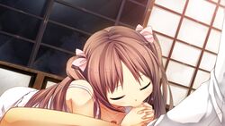 :>= bare_arms bare_legs blush brown_hair closed_eyes collarbone cura dress fellatio female flat_(company) game_cg hair_ribbon highres indoors legs long_hair monobeno necklace oral ribbon saliva sitting solo_focus thighs tied_hair twintails